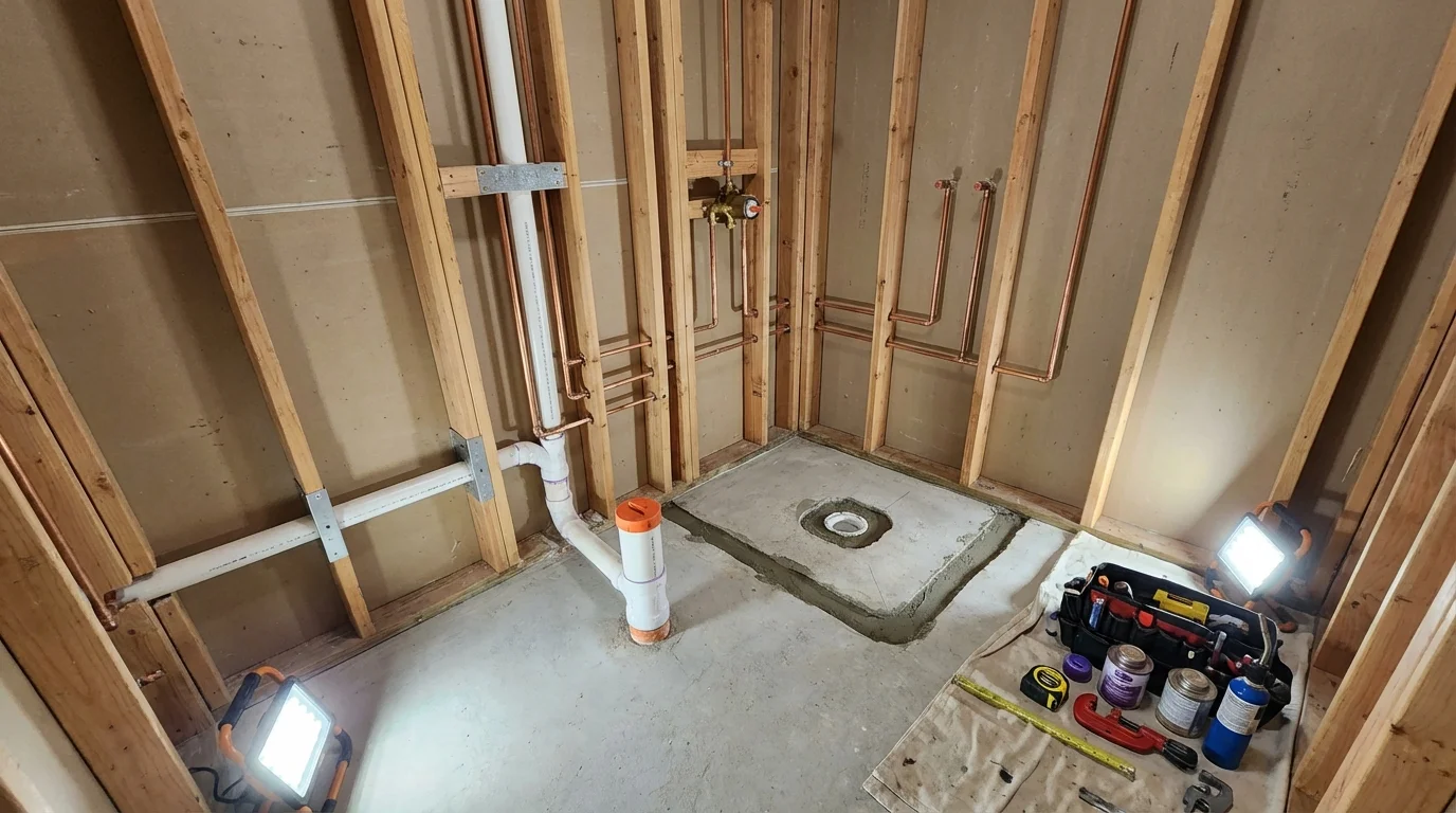 Bathroom rough-in plumbing during remodel by Johns Plumbing LLC in Spring Grove