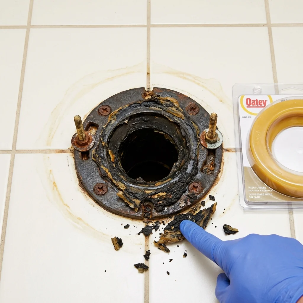 Failed wax ring showing water seepage at the base of a toilet in a Spring Grove, PA home