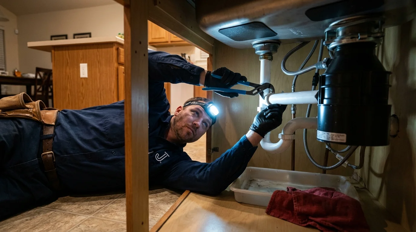 P-trap and supply line connections under a kitchen sink showing a common leak point in Spring Grove, PA